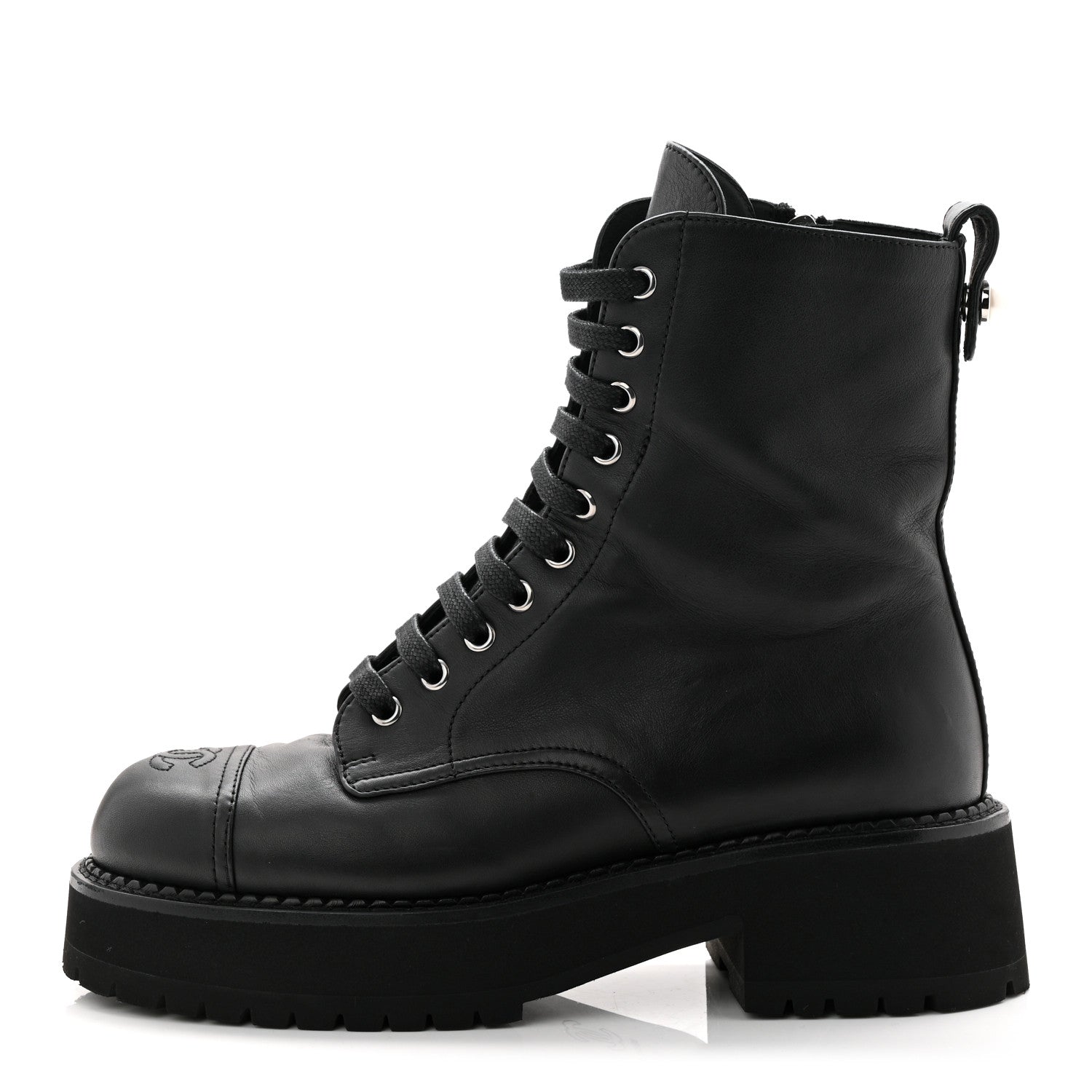 Calfskin Cap Toe Lace Up Combat Boots 39 Black