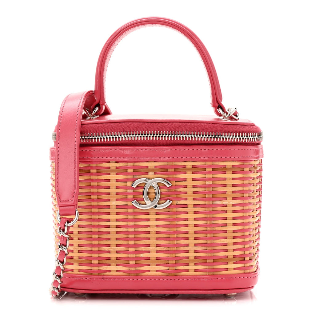 Chanel Calfskin Raffia Small Take Away Vanity Case Bag Pink Beige