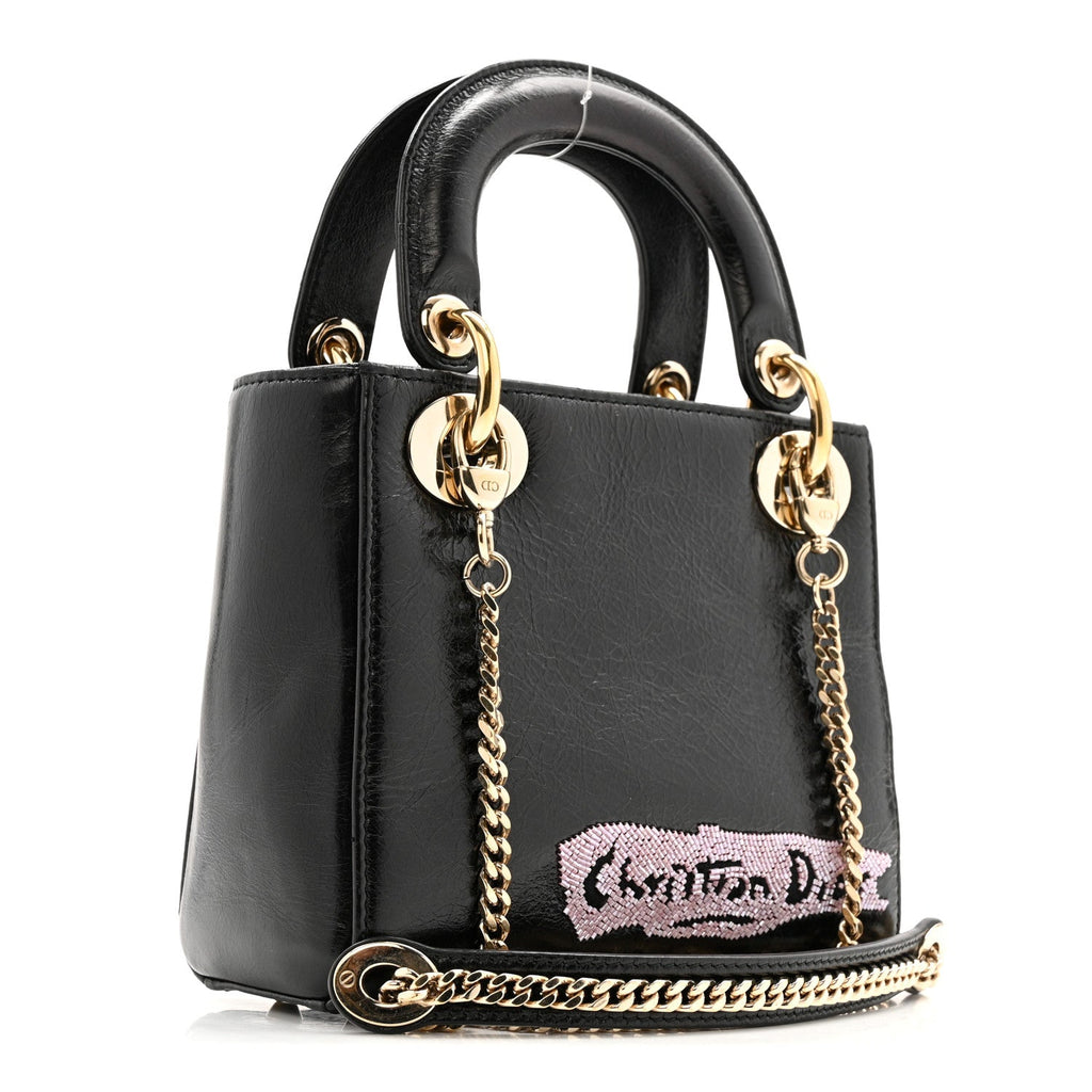 Christian Dior Calfskin Beaded Mini Lady Dior Black
