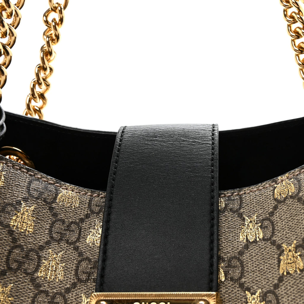 Gucci GG Supreme Monogram Bees Medium Padlock Tote Beige Oro Black