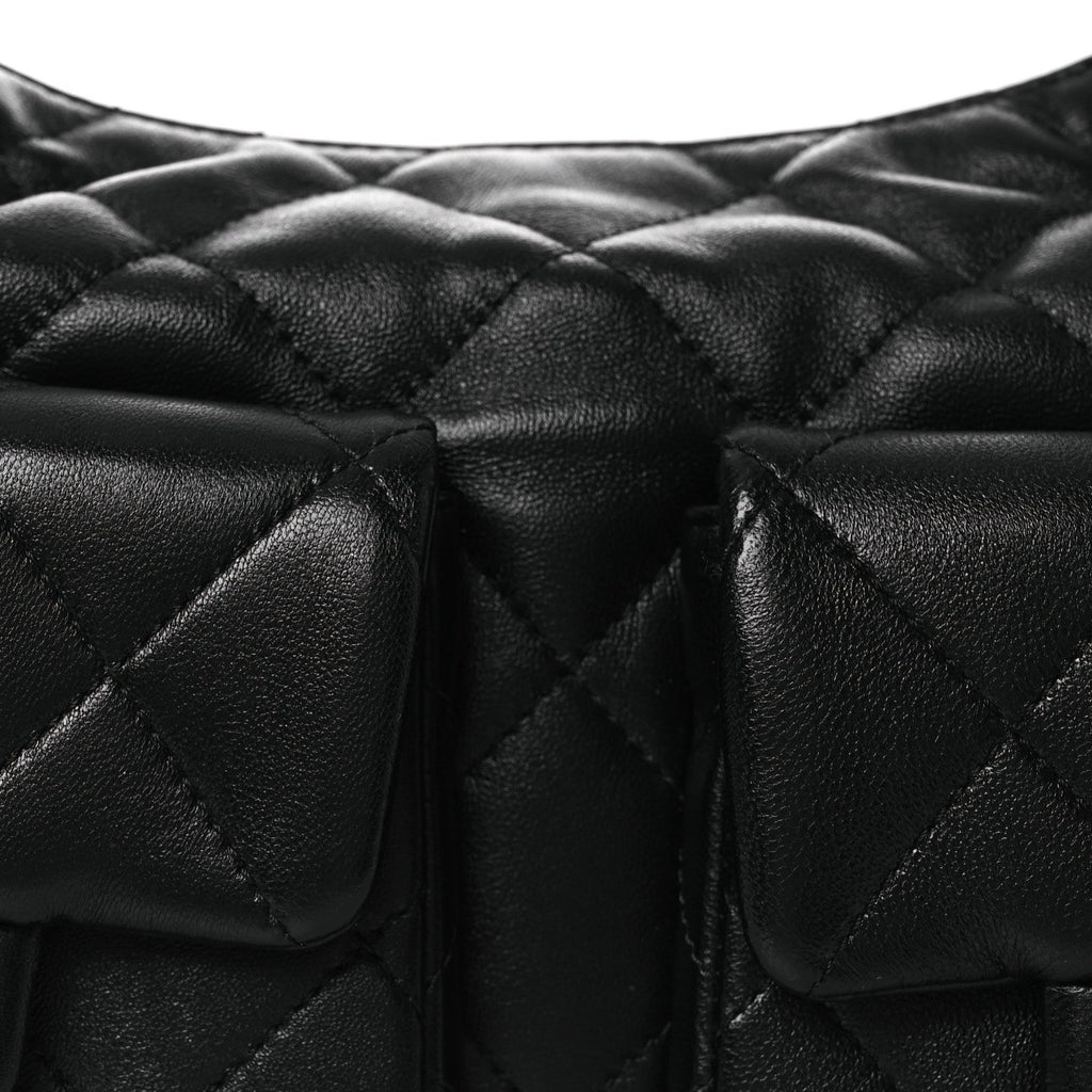 Chanel Shiny Lambskin Quilted Trendy Pockets Hobo Black