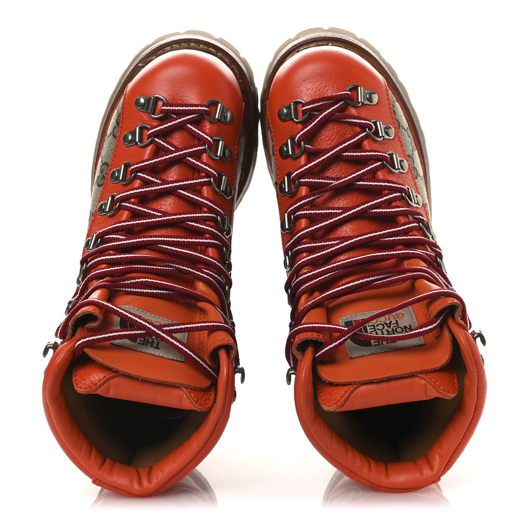 Gucci X THE NORTH FACE Monogram Textured Calfskin Hiking Ankle Boots 37 Beige Ebony Deep Orange
