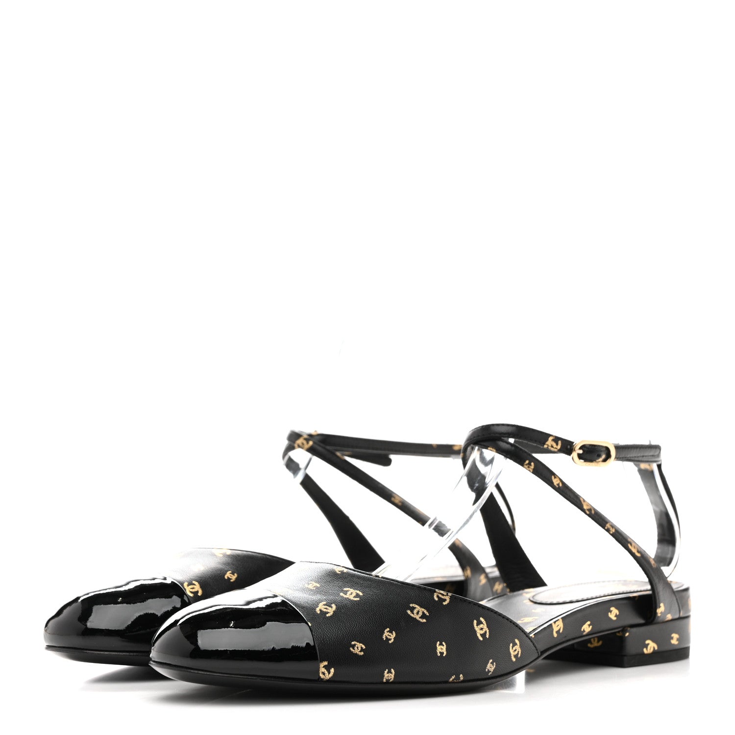 Printed Lambskin Patent Calfskin CC Slingback Flats 38.5 Black Gold