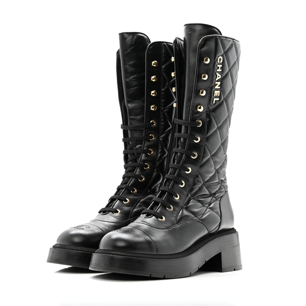 Calfskin Quilted Logo Lace Up Tall Combat Boots 37.5 Black