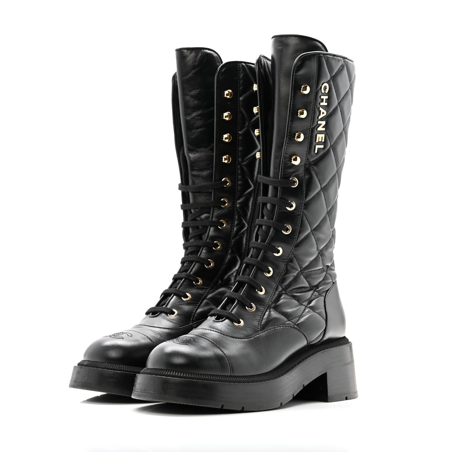 Calfskin Quilted Logo Lace Up Tall Combat Boots 37.5 Black