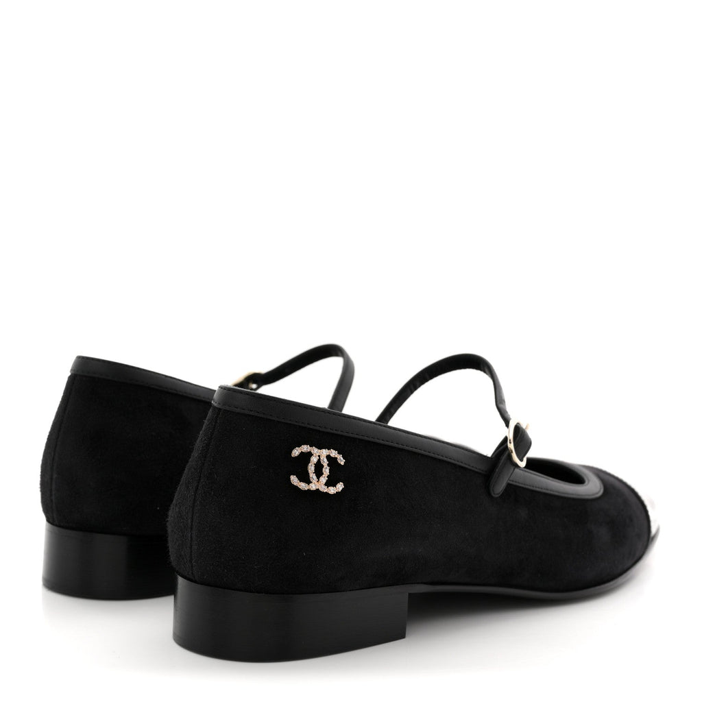 Chanel Suede Kidskin Lambskin Patent Calfskin Crystal CC Cap Toe Flats 40 Black