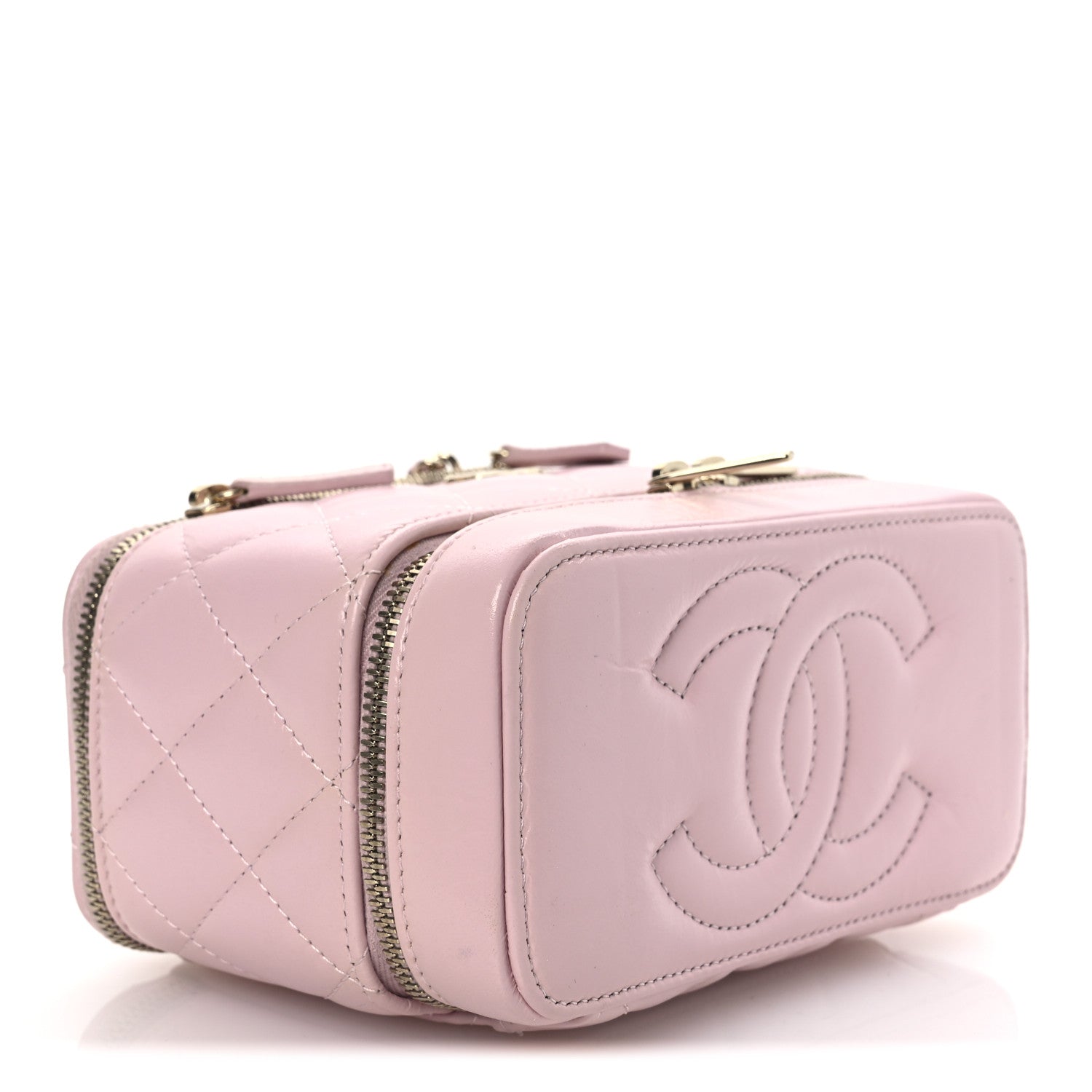 Chanel Shiny Lambskin Quilted Top Handle Vanity Case With Chain Pink