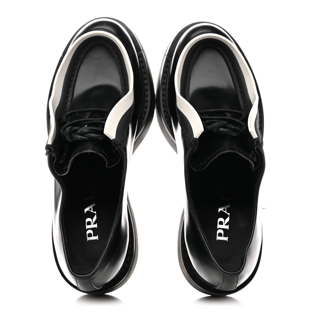 Prada Spazzolato Rois Monolith 55mm Derby Loafers 36.5 Black White