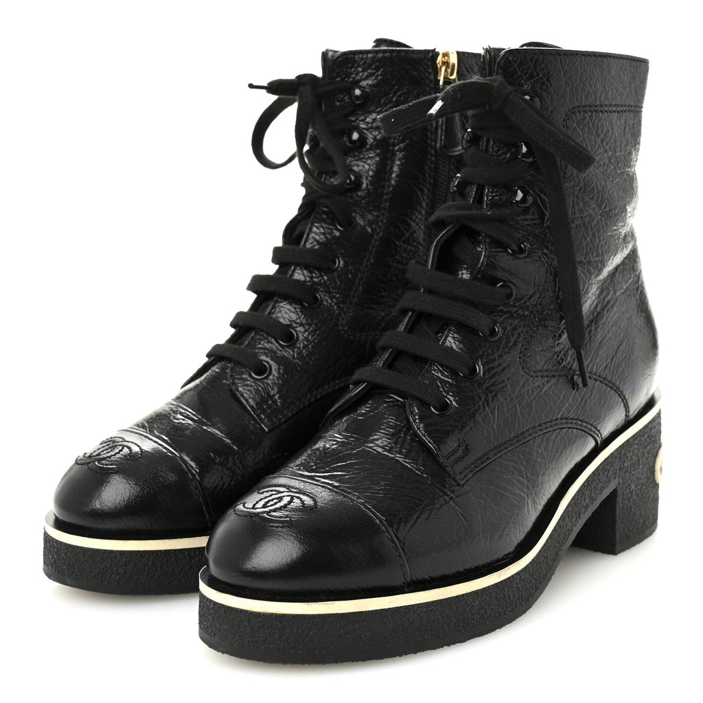 Chanel Shiny Crumpled Lambskin Lace Up Combat Boots 37 Black