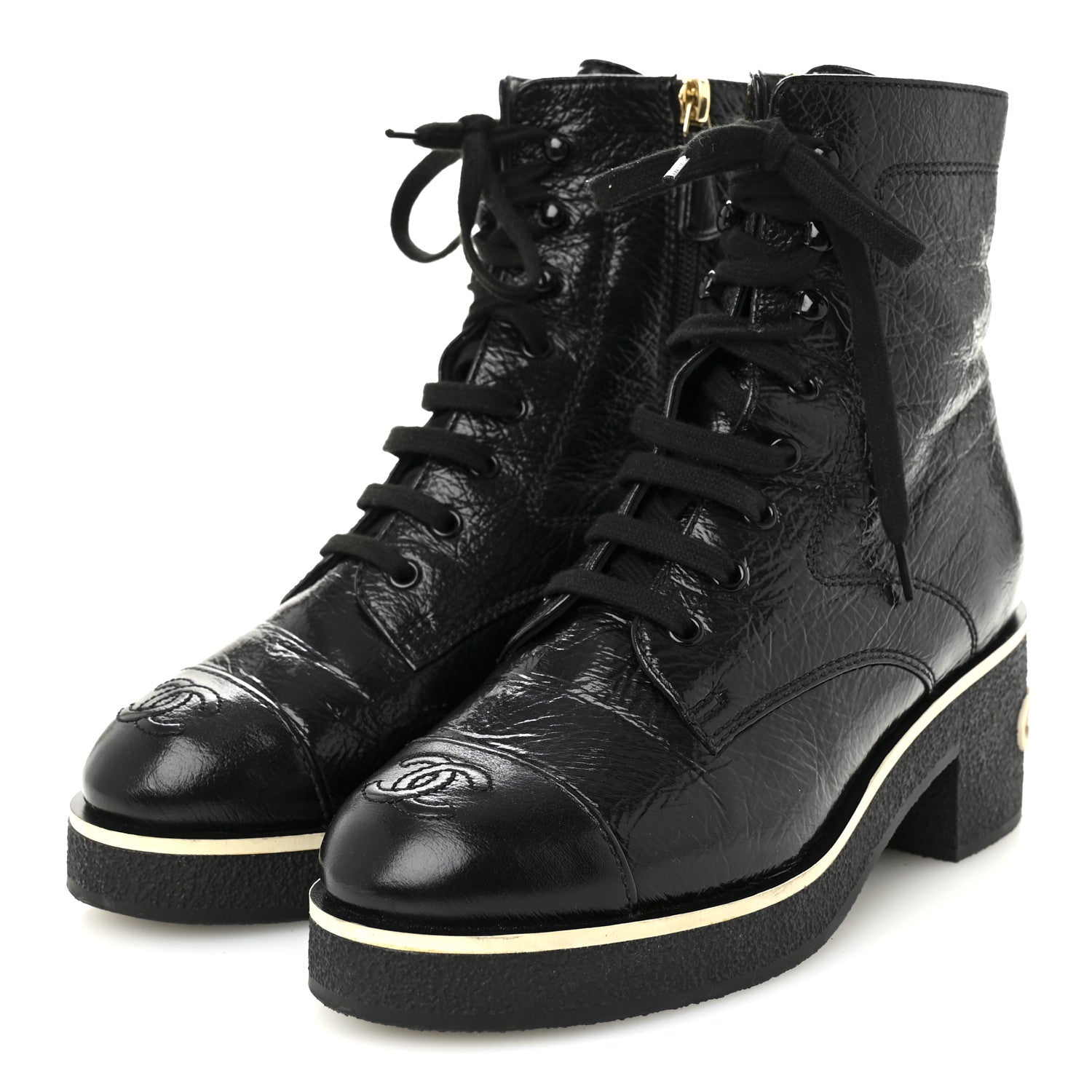 Chanel Shiny Crumpled Lambskin Lace Up Combat Boots 37 Black