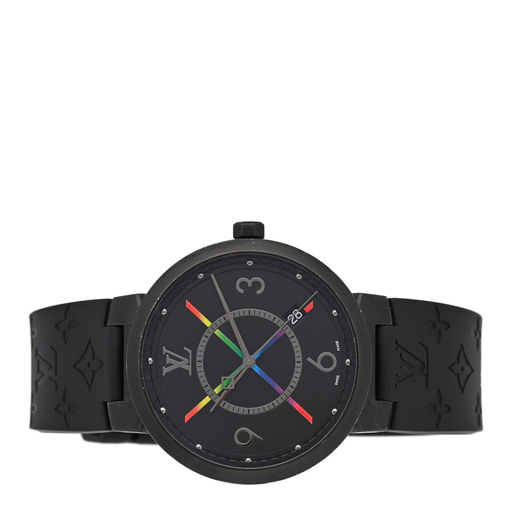 Louis Vuitton Stainless Steel Rubber 39mm Tambour Slim Rainbow Quartz Watch Black