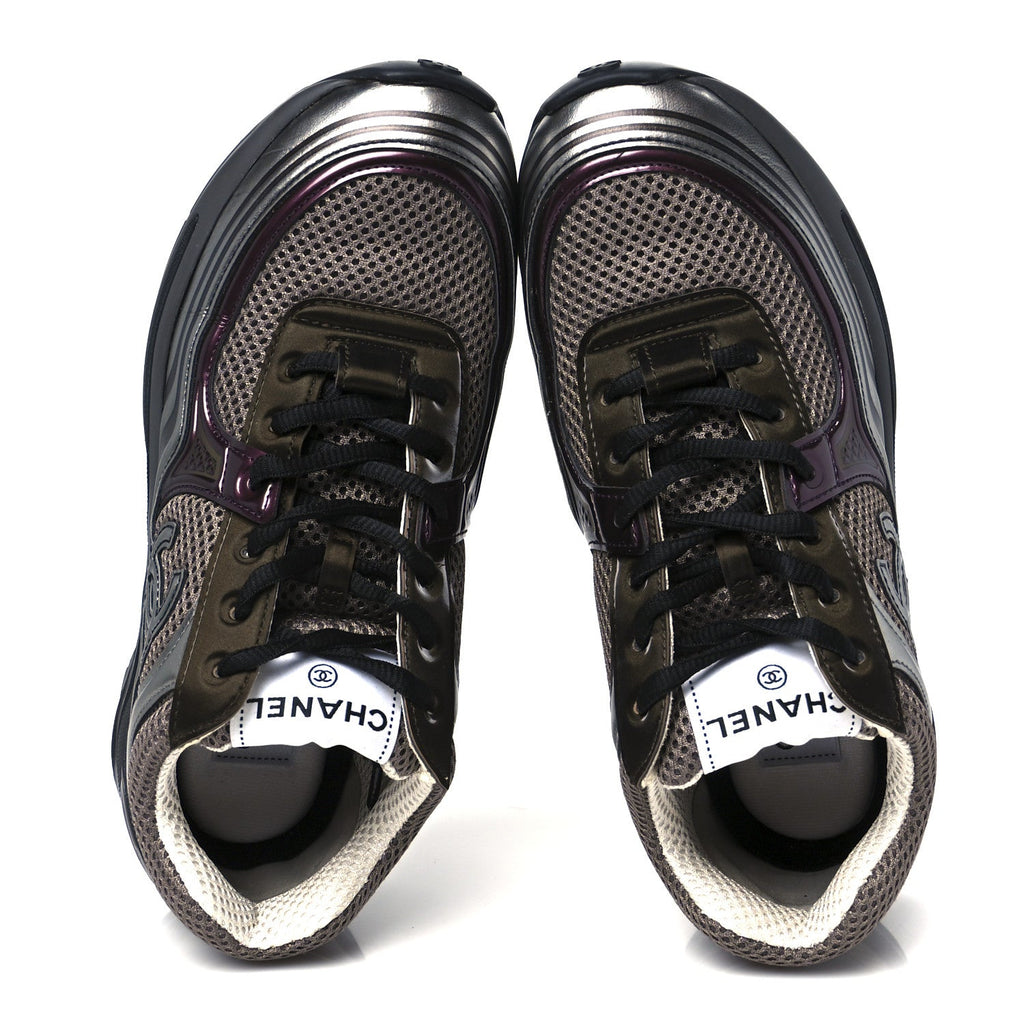 Fabric Laminated Calfskin Stretch CC Womens Sneakers 37 Khaki Silver Dark Purple