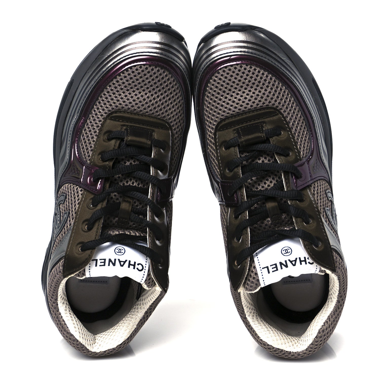 Fabric Laminated Calfskin Stretch CC Womens Sneakers 37 Khaki Silver Dark Purple
