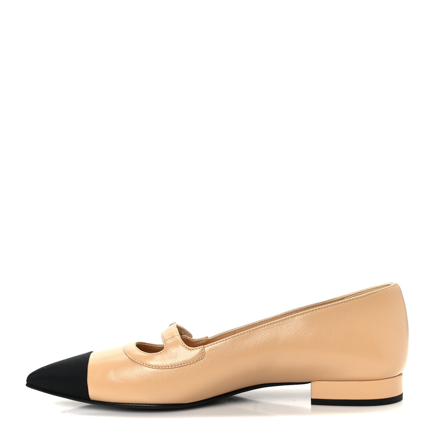 Chanel Shiny Lambskin Grosgrain Pointed Toe CC Ballet Flats 37.5 Beige Black