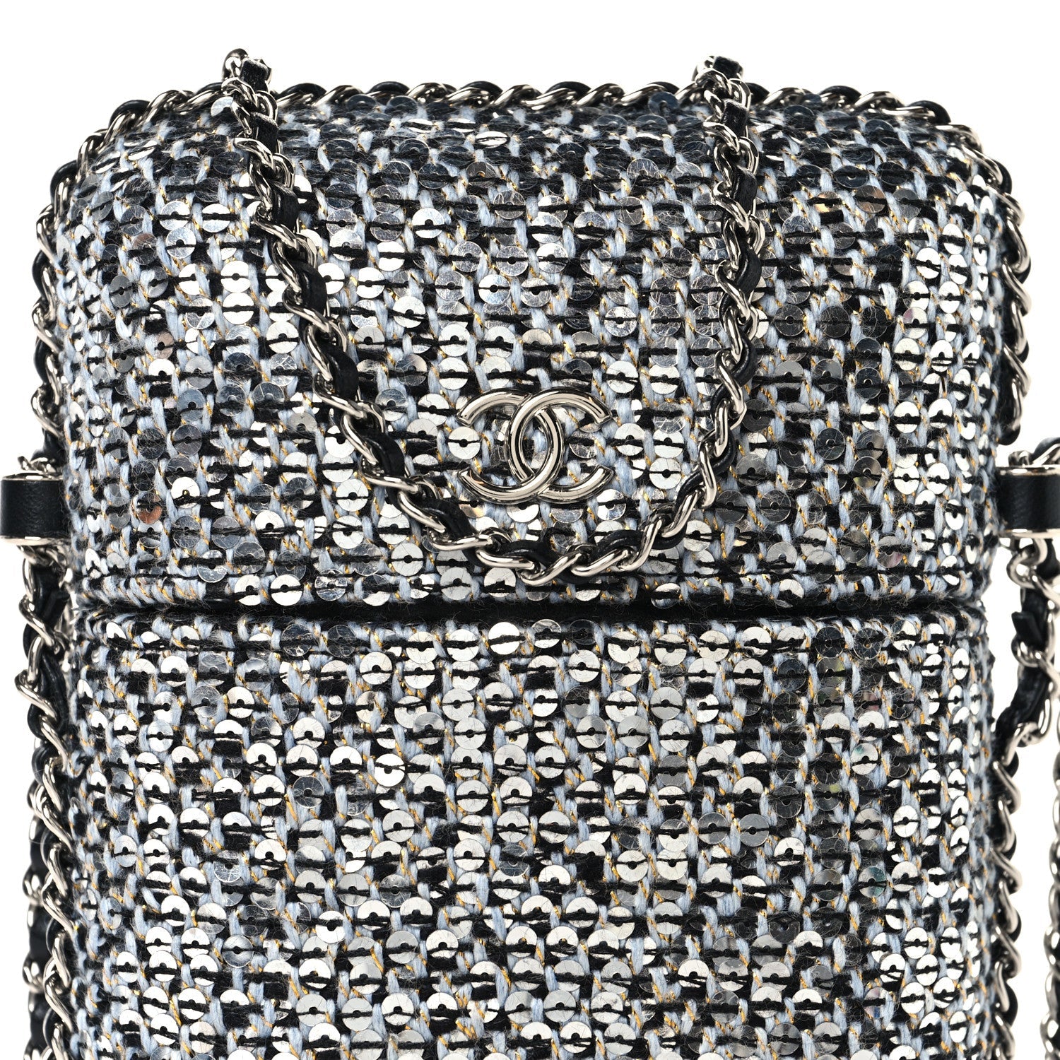 Chanel Tweed Sequin Chain Around Phone Holder Silver Black