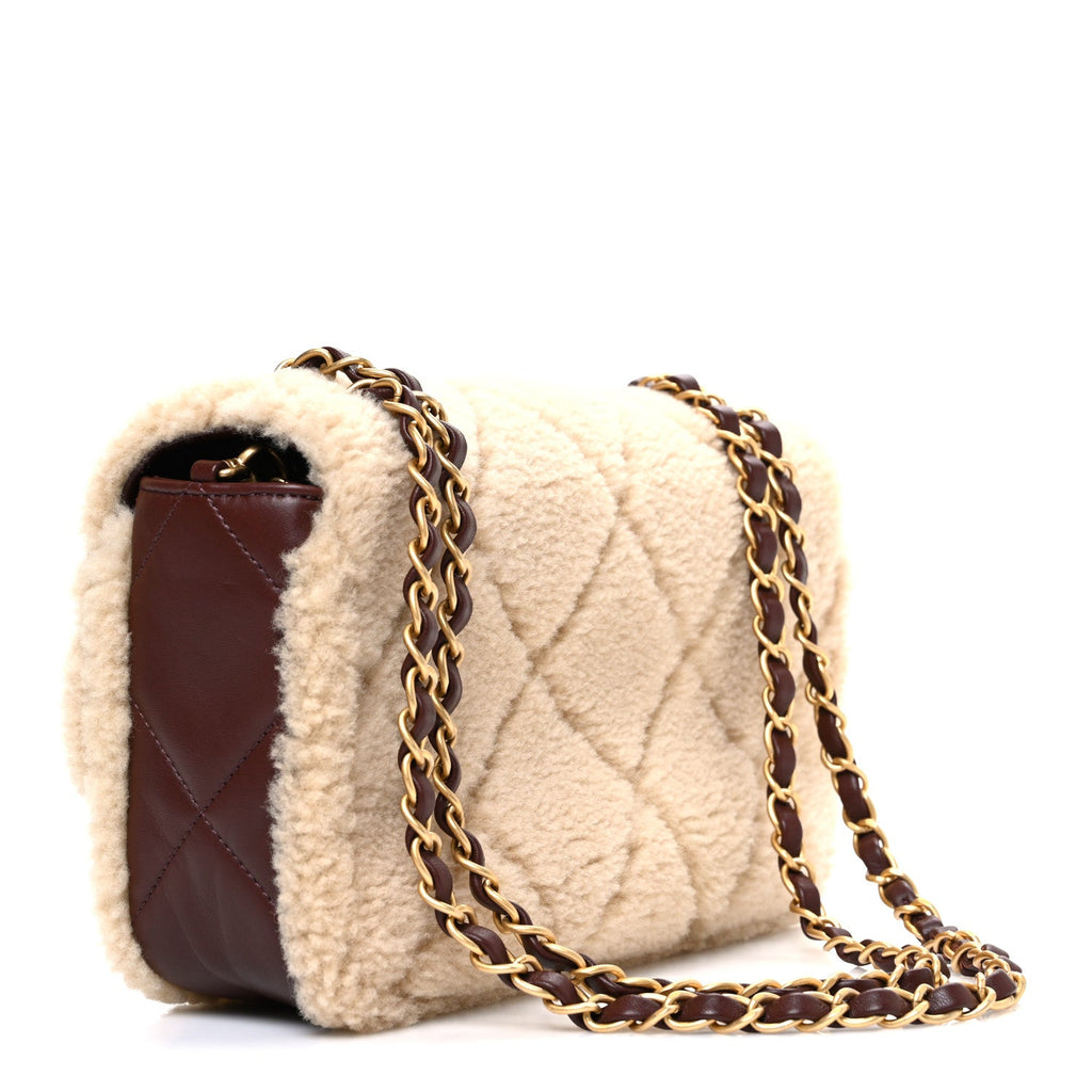 Chanel Shearling Lambskin Quilted Furry Coco Flap Dark Brown Beige