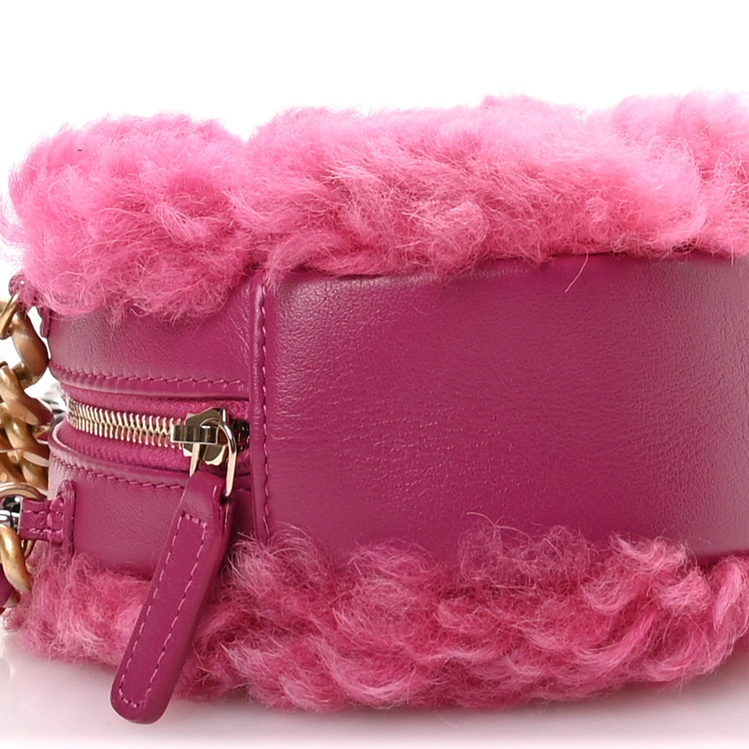 Chanel Shearling Sheepskin Chanel 19 Round Clutch With Chain Dark Pink