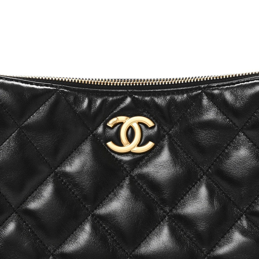Chanel Shiny Lambskin Quilted CC Hobo Black