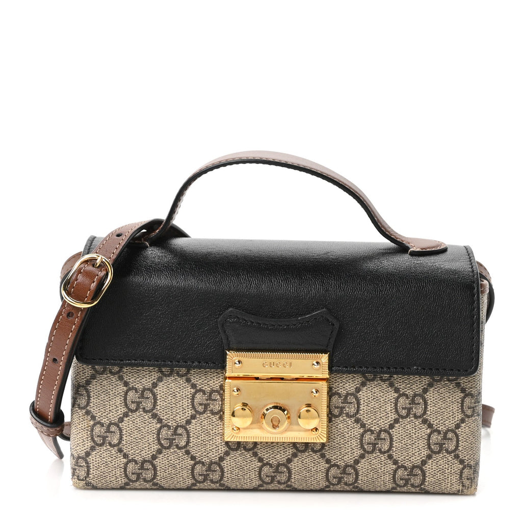 Gucci GG Supreme Monogram Calfskin Mini Padlock Top Handle Shoulder Bag Beige Black Cuir