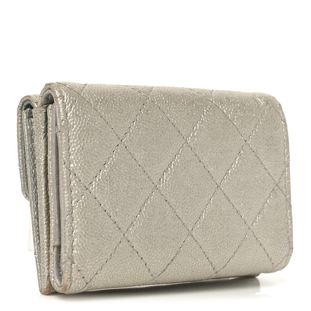 Metallic Caviar Quilted Double Flap Wallet Silver