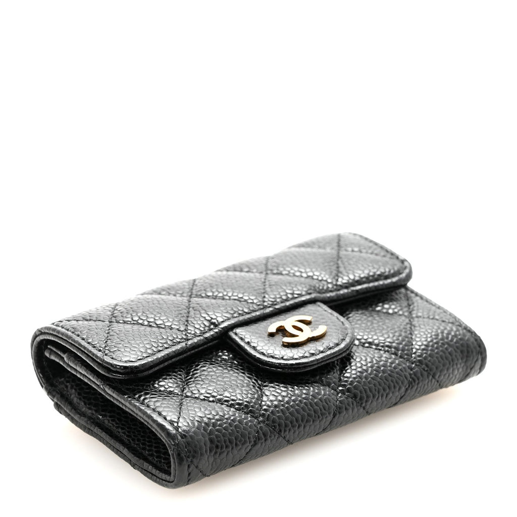 Caviar Quilted Flap Card Holder Wallet Black