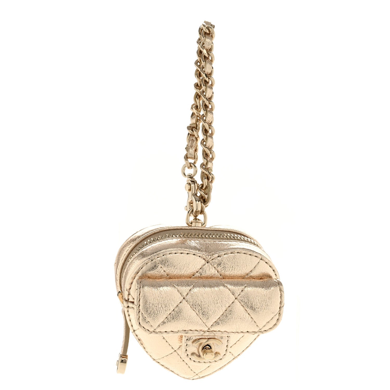 Metallic Lambskin Quilted CC Mini In Love Heart Bag Charm Gold