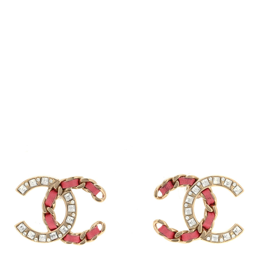 Lambskin Baguette Crystal CC Chain Earrings Pink Gold
