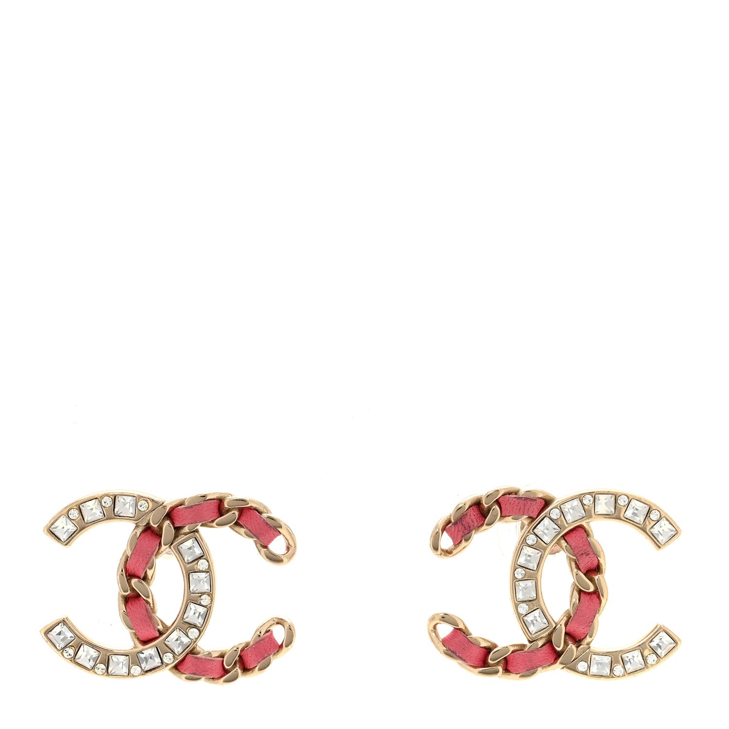 Lambskin Baguette Crystal CC Chain Earrings Pink Gold