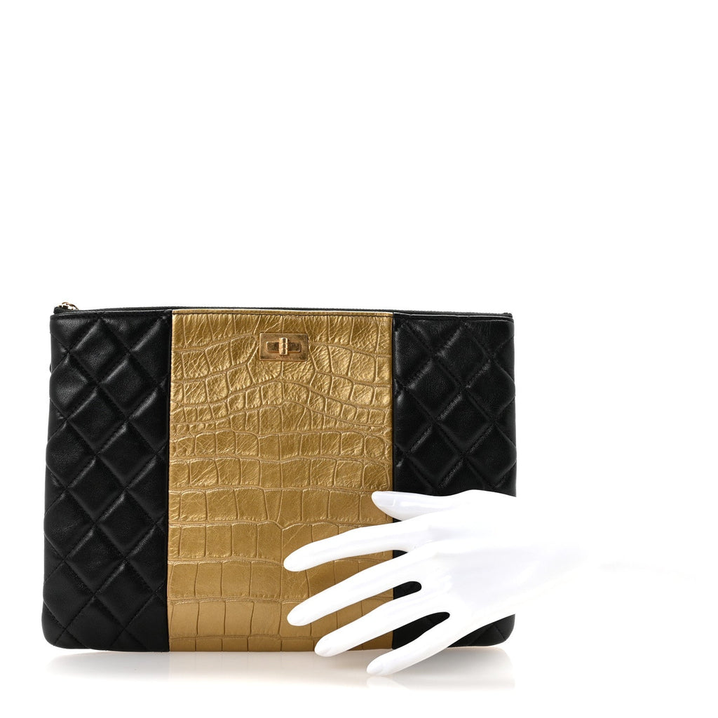 Lambskin Metallic Calfskin Quilted Crocodile Embossed Clutch 2.55 Reissue Cosmetic Case Gold