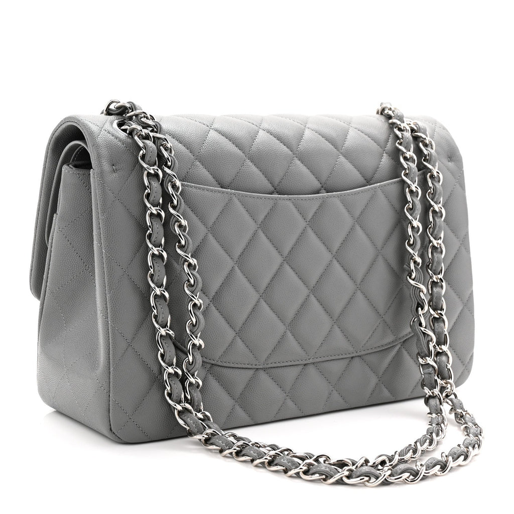 Chanel Caviar Quilted Jumbo Double Flap Grey