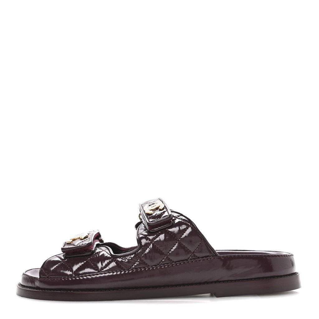 Chanel Shiny Calfskin Quilted Velcro Dad Pearl CC Slide Sandals  40 Burgundy