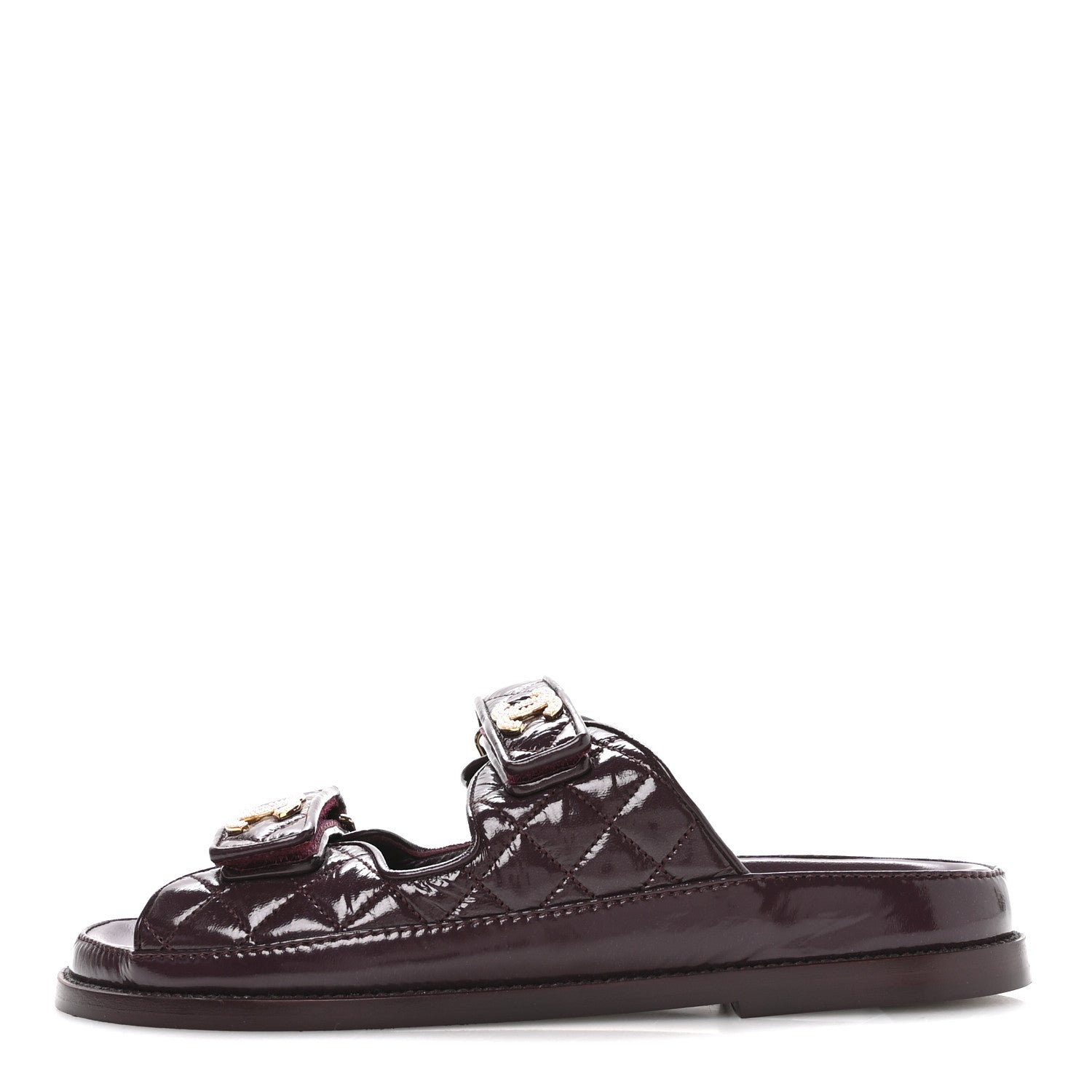 Chanel Shiny Calfskin Quilted Velcro Dad Pearl CC Slide Sandals  40 Burgundy