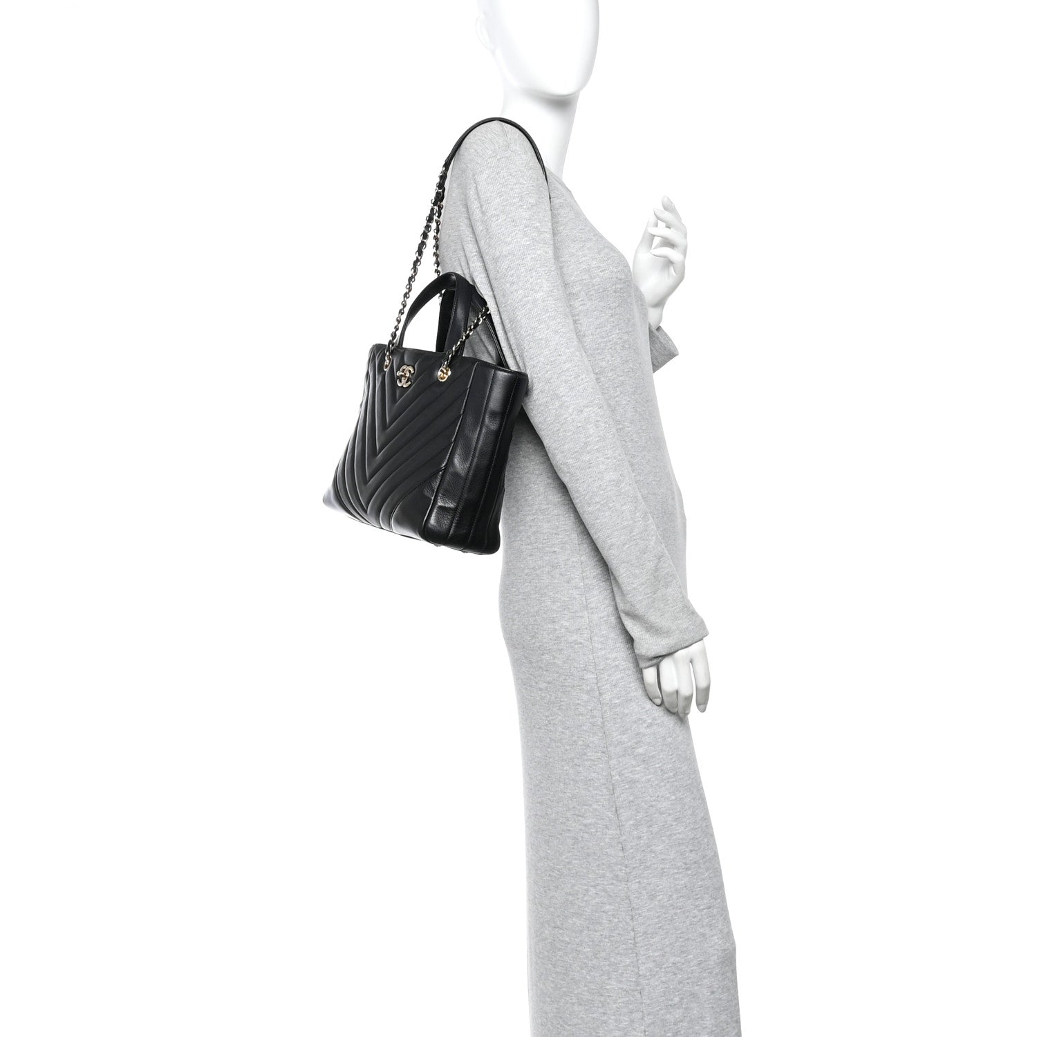 Chanel Calfskin Chevron Quilted Statement Shopping Tote Black