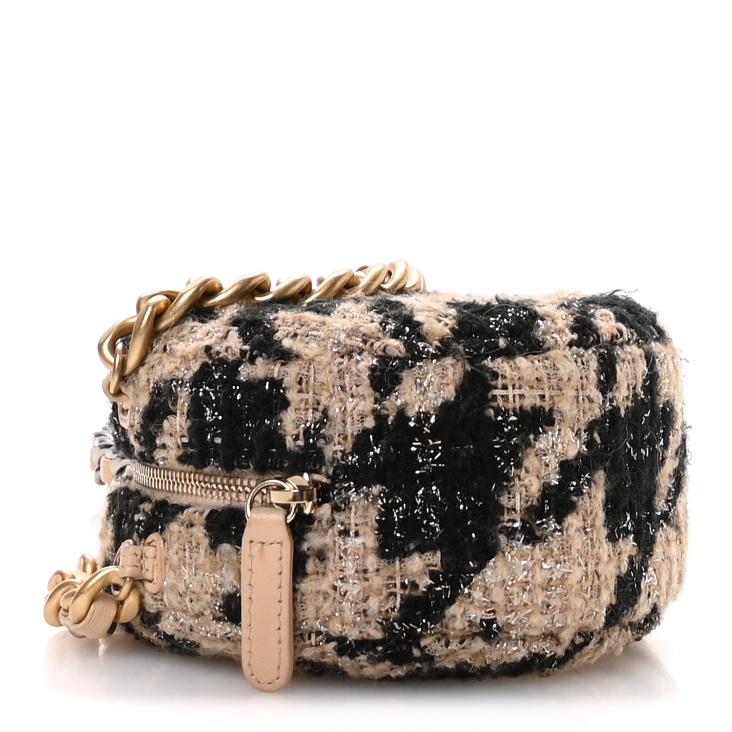 Chanel Wool Tweed Lambskin Quilted Chanel 19 Round Clutch With Chain and Coin Purse Beige Black