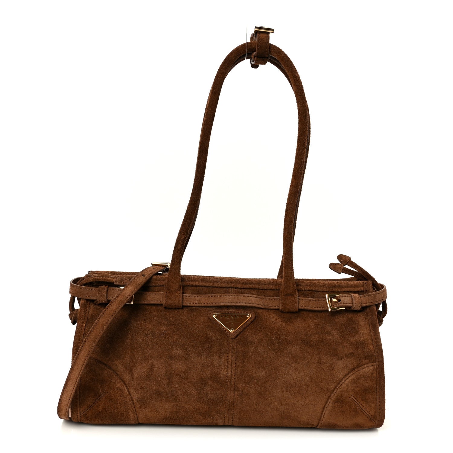 Prada Suede Triangle Medium Bonnie Shoulder Bag Cacao
