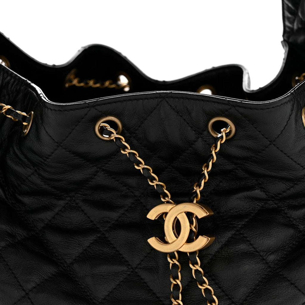 Chanel Shiny Crumpled Calfskin Quilted Medium Chanel 25 Handbag Black