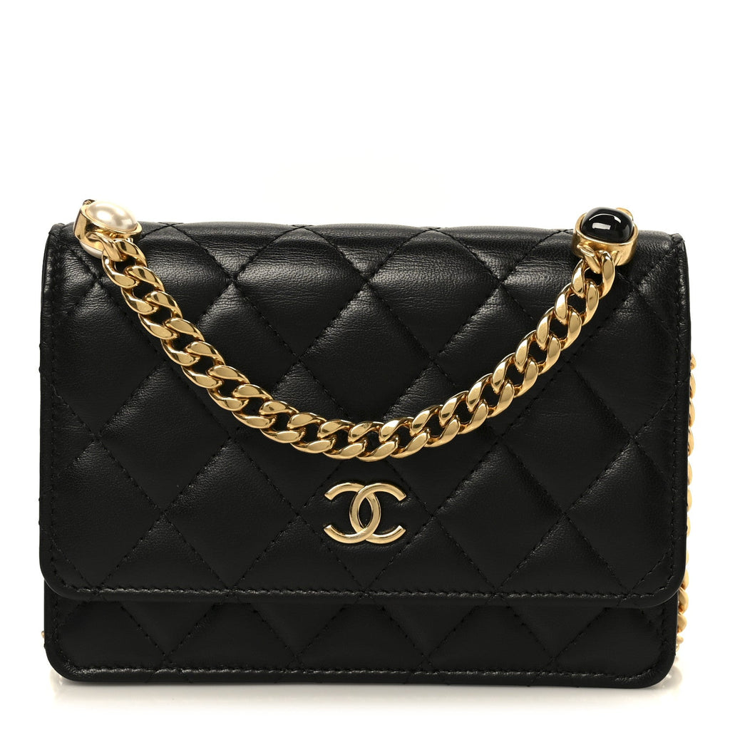 Chanel Lambskin Quilted CC Pearl Enamel Clutch on Chain WOC Black