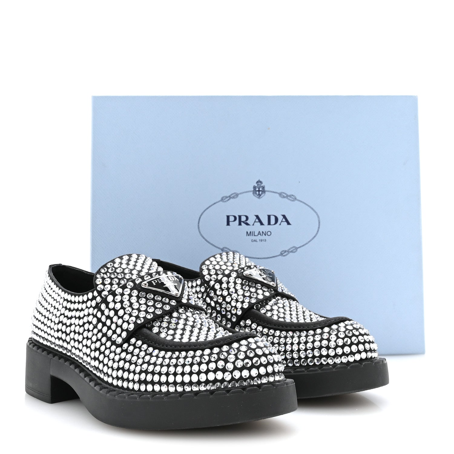 Prada Satin Crystal Metal Triangle Logo 50mm Loafers 36.5 Cristal