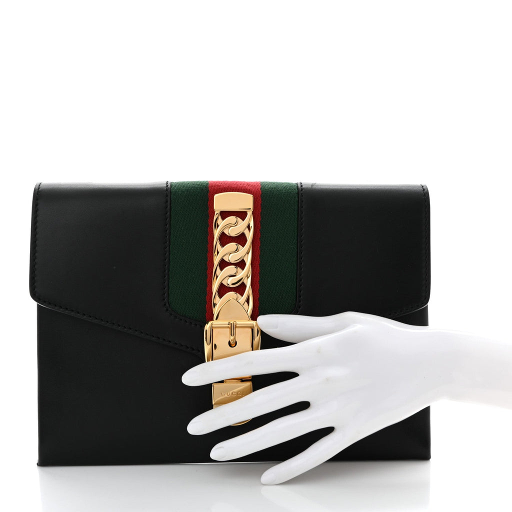 Gucci Calfskin Small Sylvie Wristlet Clutch Black