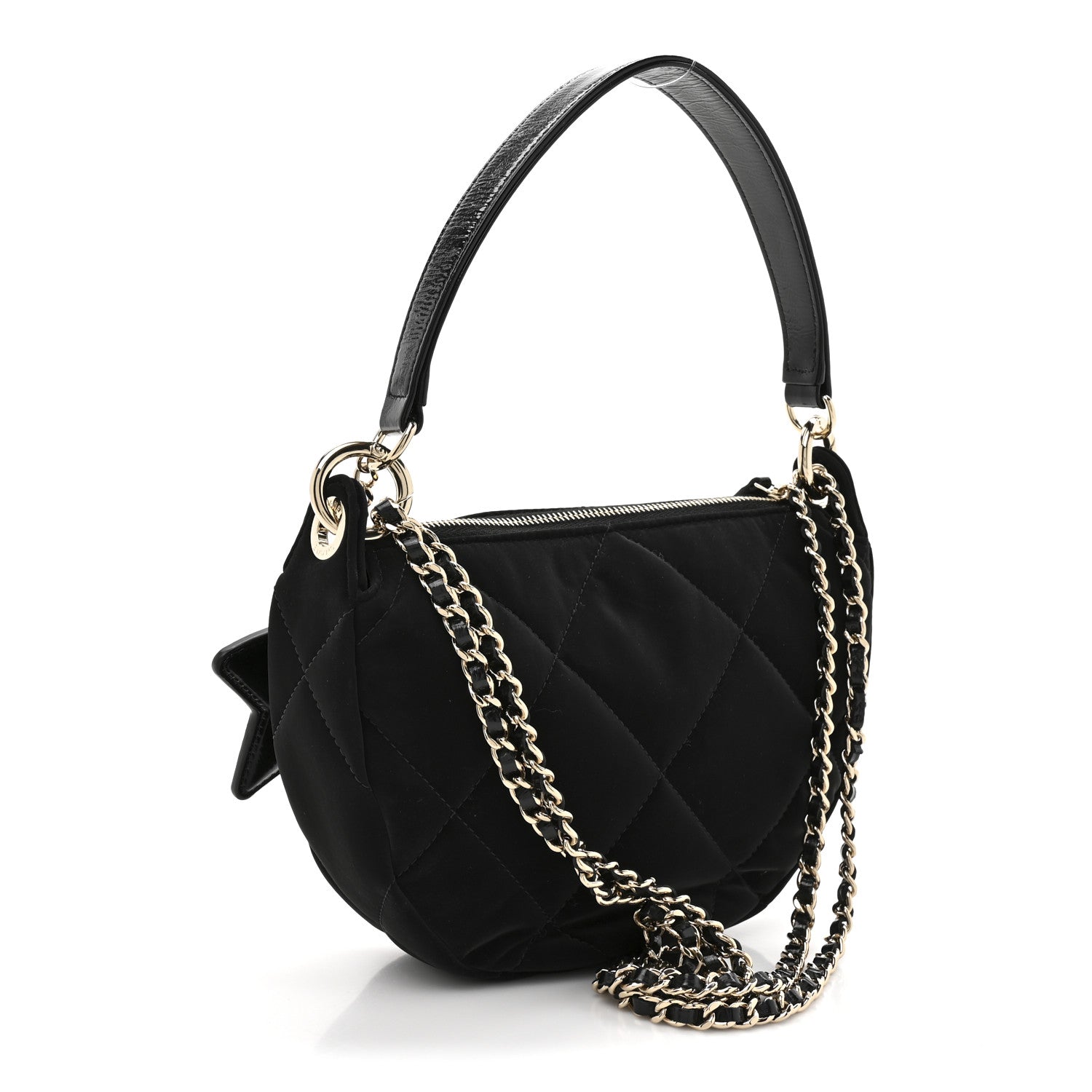 Chanel Velvet Effect Nylon Shiny Crumpled Calfskin Coco Neige Quilted Clutch With Chain Black