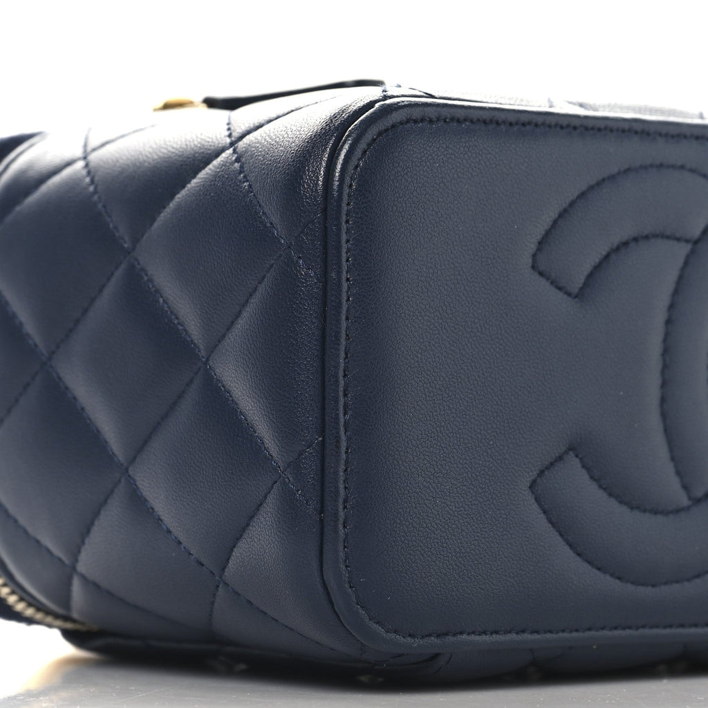 Chanel Lambskin Quilted Metal Small Top Handle Vanity Case With Chain Blue