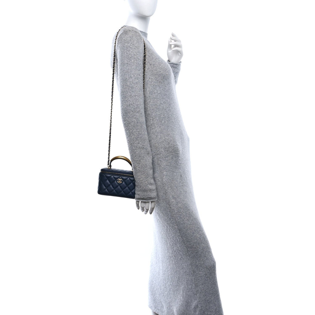 Chanel Lambskin Quilted Metal Small Top Handle Vanity Case With Chain Blue