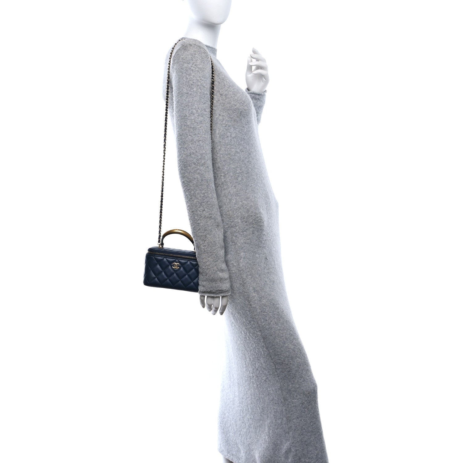 Chanel Lambskin Quilted Metal Small Top Handle Vanity Case With Chain Blue