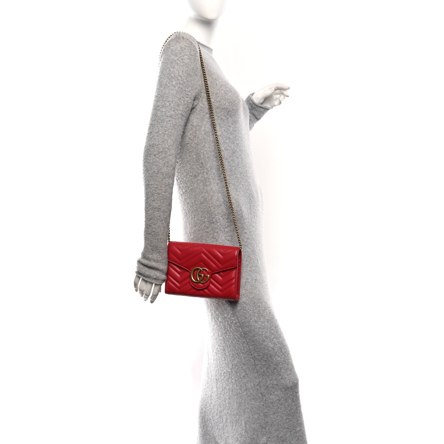 Gucci Calfskin Matelasse GG Marmont Chain Wallet Hibiscus Red