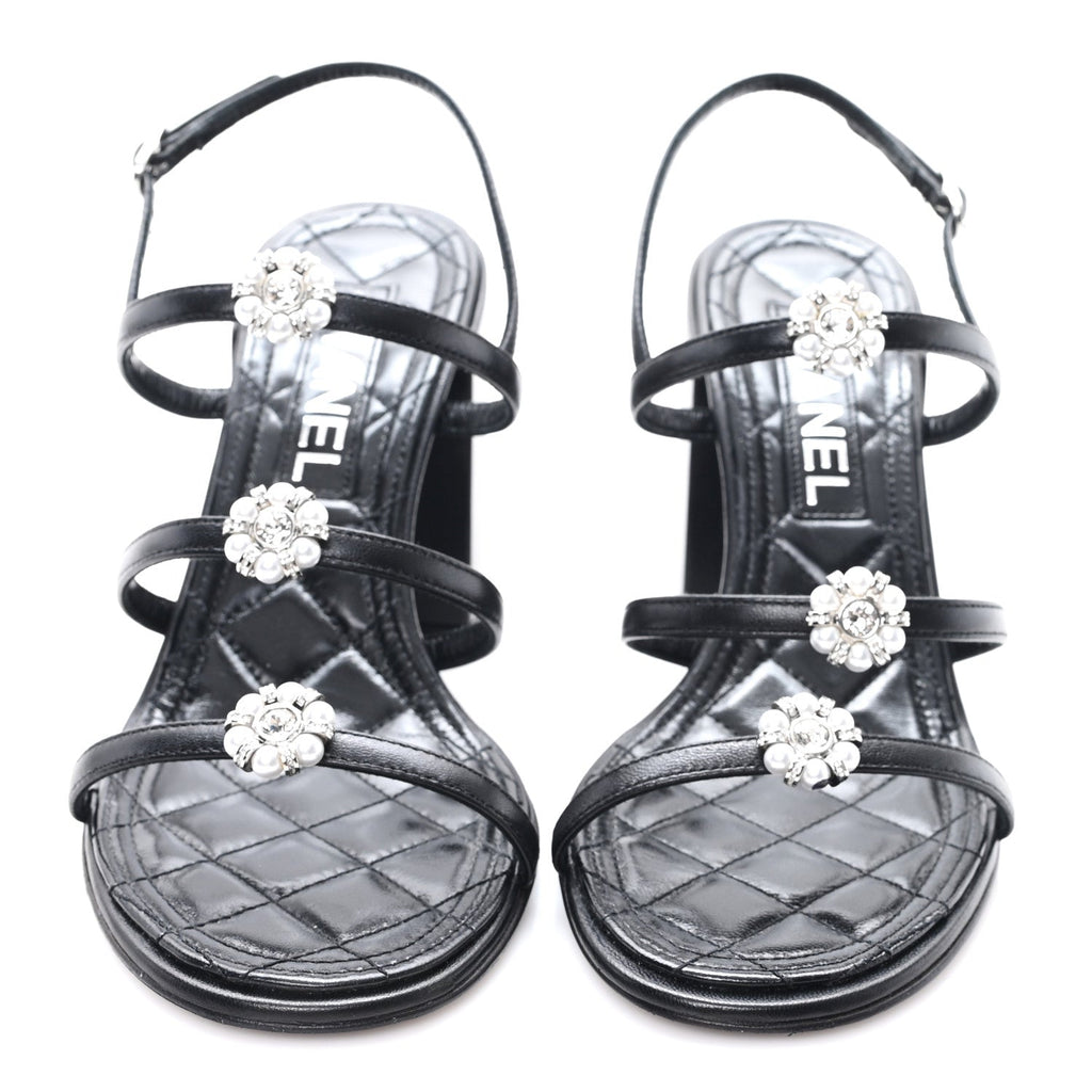 Laminated Lambskin Pearl CC Sandals 37.5 Black