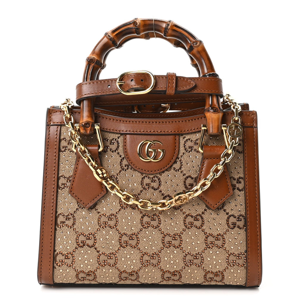 Gucci New Canvas Charisma Calfskin Crystal GG Monogram Mini Diana Tote Bag Camel Ebony