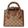 Gucci New Canvas Charisma Calfskin Crystal GG Monogram Mini Diana Tote Bag Camel Ebony