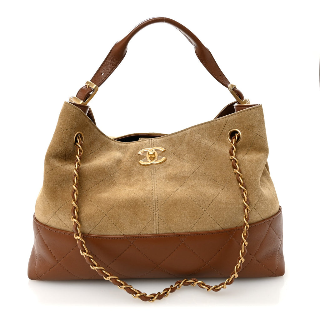 Chanel Suede Calfskin Shiny Lambskin Quilted Small Coco Base Shopping Bag Beige Brown