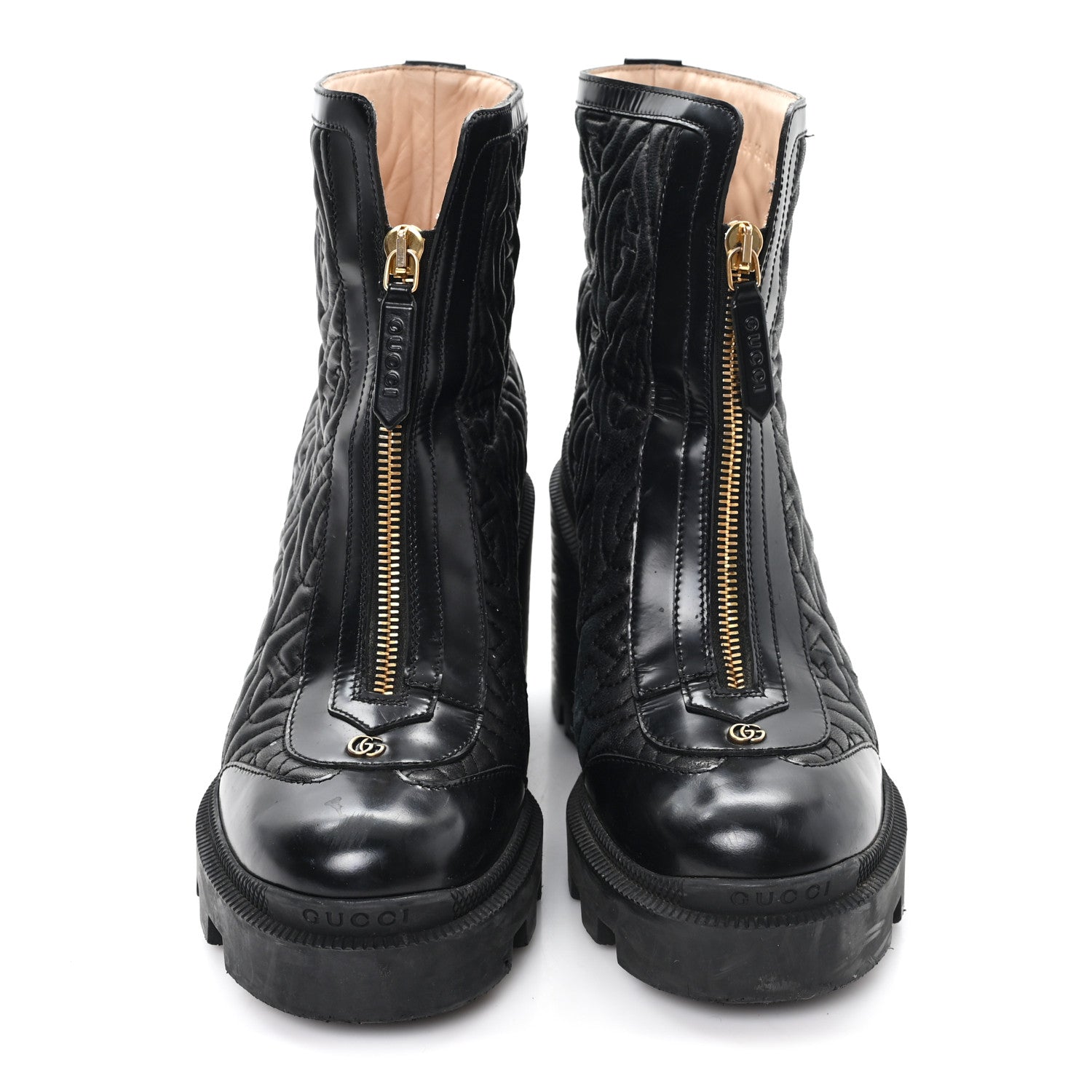 Gucci Calfskin Nappa Rhombus Quilted Trip Ankle Boots 36 Black