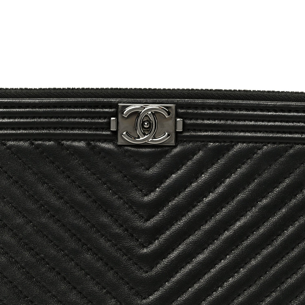Lambskin Chevron Large Boy Zip Pouch Black
